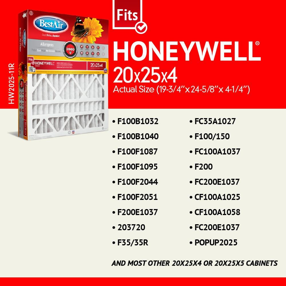 BestAir HW2025-11R Honeywell 20x25x4 Series 2000 MERV 11 Furnace Filter