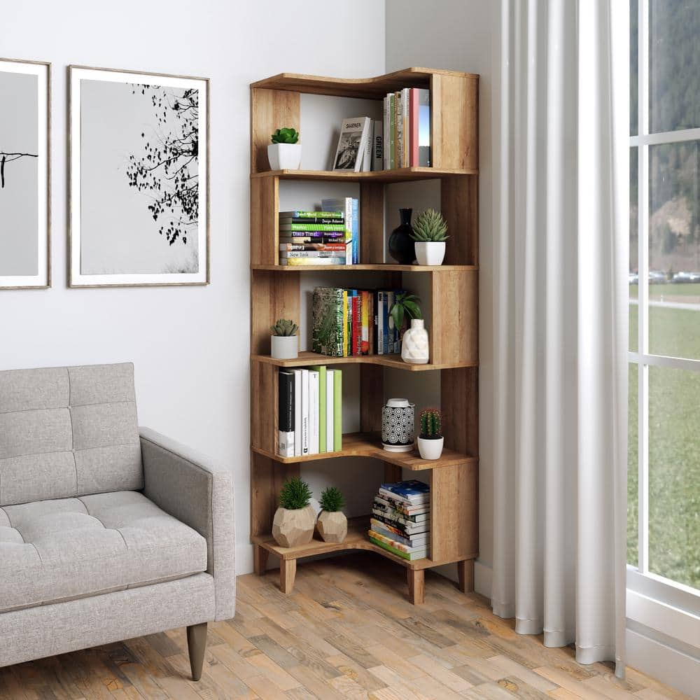 Prepac Nordik 6-Tier Natural Oak Modern Mid Century Corner Bookcase, 71.5" Extra Tall Corner Shelf with Storage, Multifunctional Freestanding Bookshelf for Home Office, Living Room, Bedroom