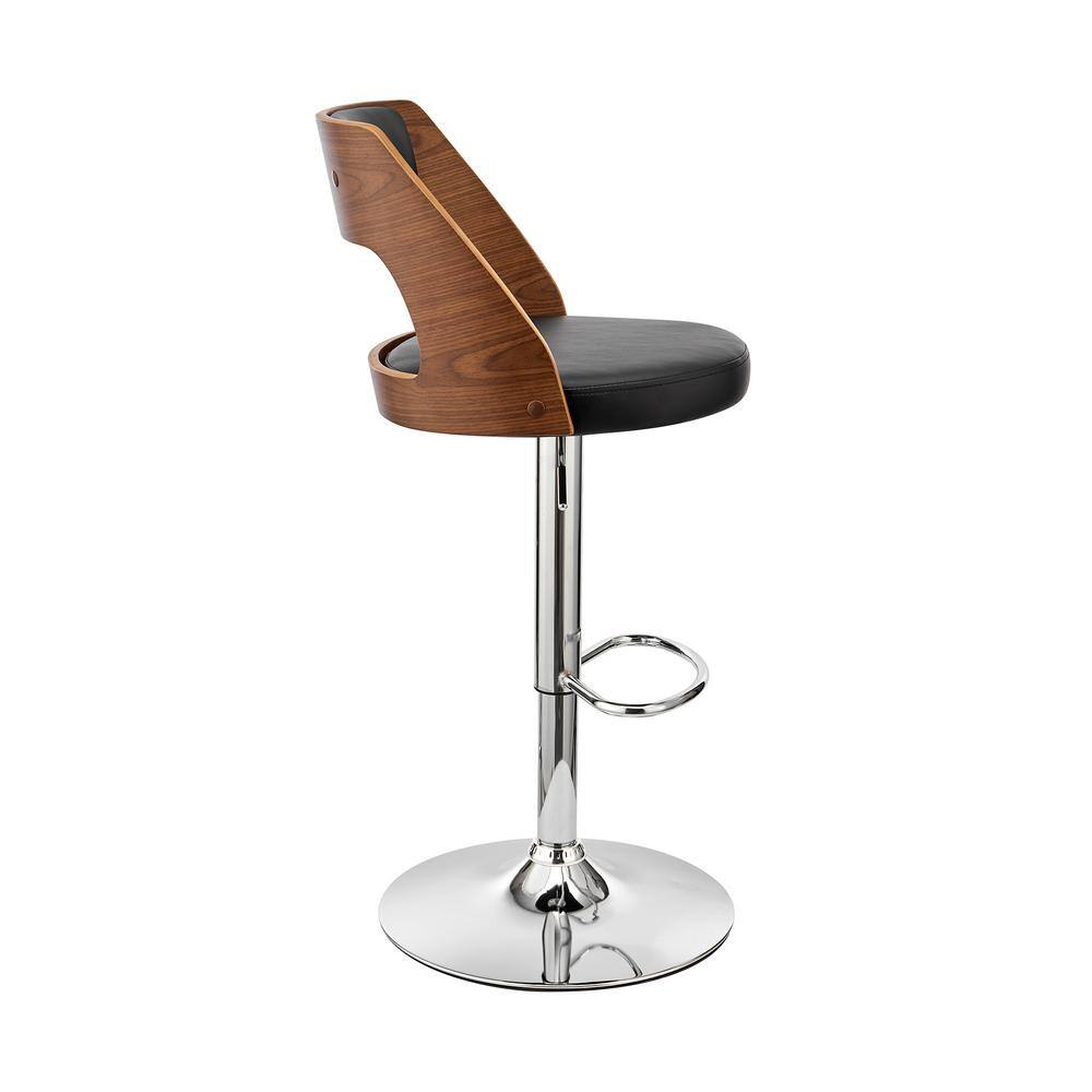 44 x 19 x 19 in. Paulo Adjustable Swivel Faux Leather & Walnut Wood Bar Stool with Base, Black & Chrome