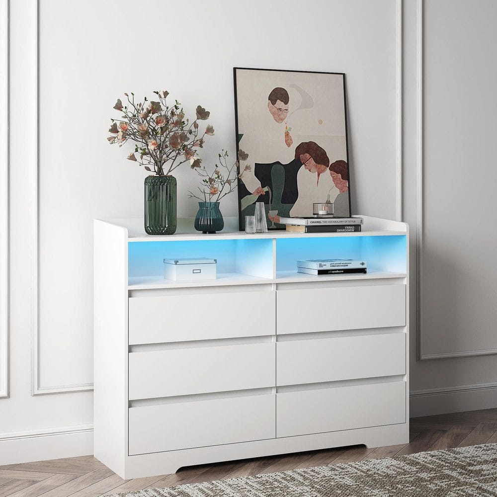 6 Drawer Dresser, White Chest of Drawers for Bedroom with LED Lights, for Living Room, Entryway, Hallway