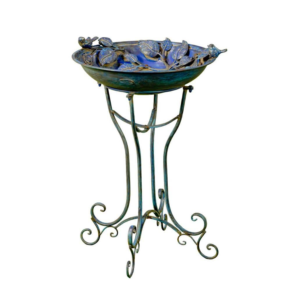 Zaer Ltd. Antique Blue Deep Round Metal Birdbath with Rose and Bird Accents