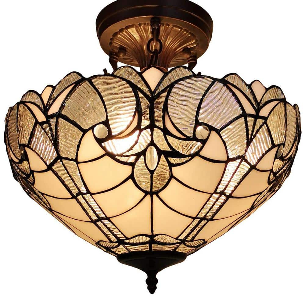 Tiffany Style 2 Light Vintage Semi-Flush Ceiling Lamp - 16" Wide