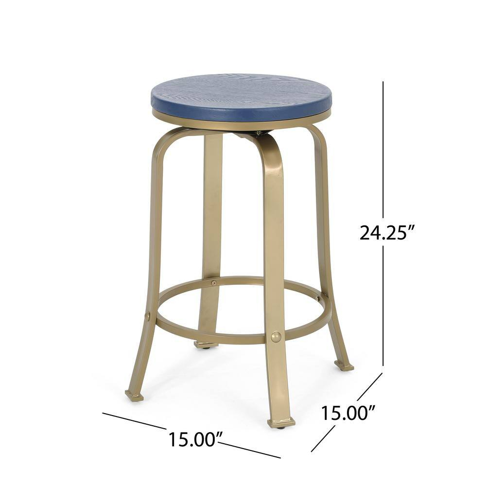 Noble House Skyla Modern Swivel Counter Stool in Blue and Gold (Set of 2)