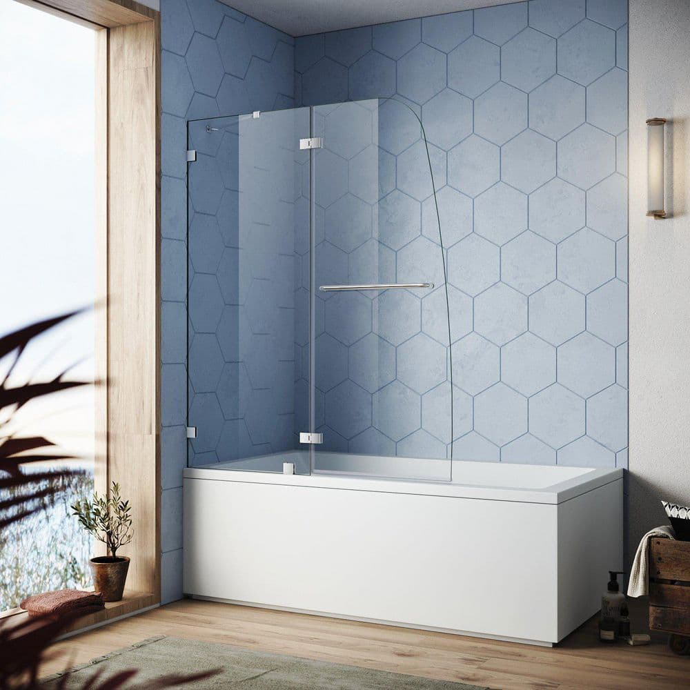 Elegant  Frameless Swing Hinged Shower Tub Door Polished Chrome Clear 48"W x 58"H Chrome Finish
