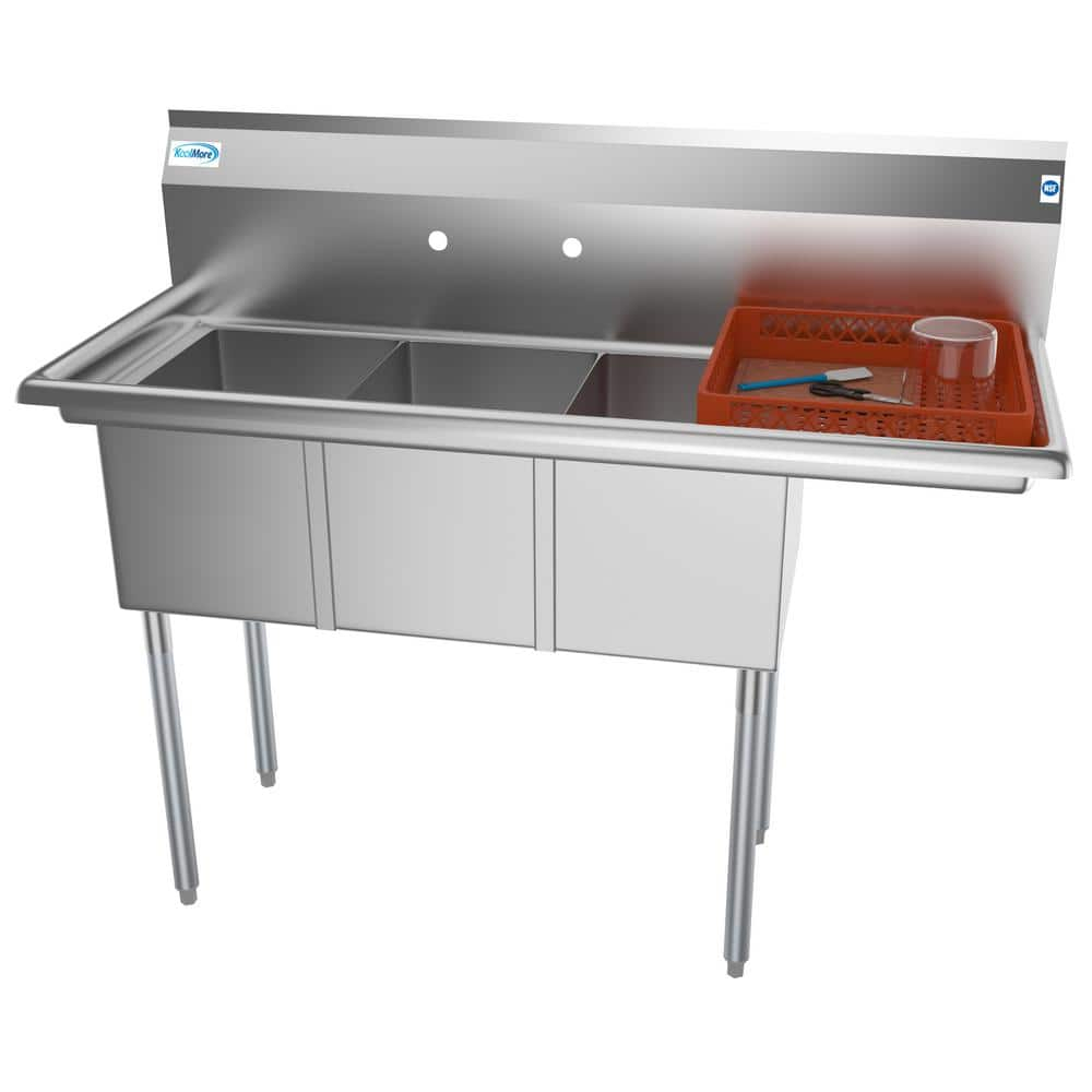 KoolMore 51 in. Three Compartment Stainless Steel Commercial Sink with Drainboard, Bowl Size 12"x 16"x 10"
