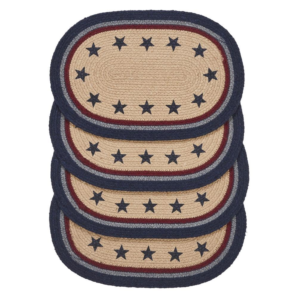 VHC Brands Braided Cotton Placemat 10x15 Set of 4, Cotton Dining Room, Kitchen Placemat, Dining Table Placemats, Woven Place Mat, Stenciled, My Country Collection, Oval 10x15, Stars, Navy