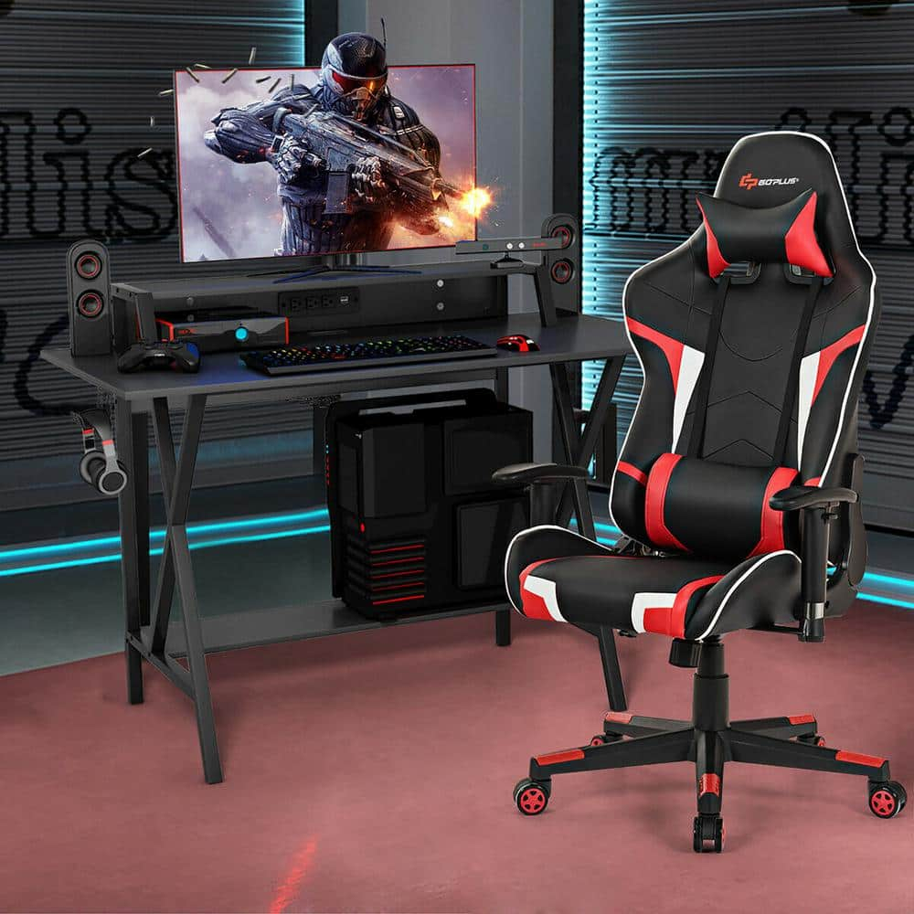 Goplus Gaming Computer Desk&Massage Gaming Chair Set w/Monitor Shelf Power Strip Red