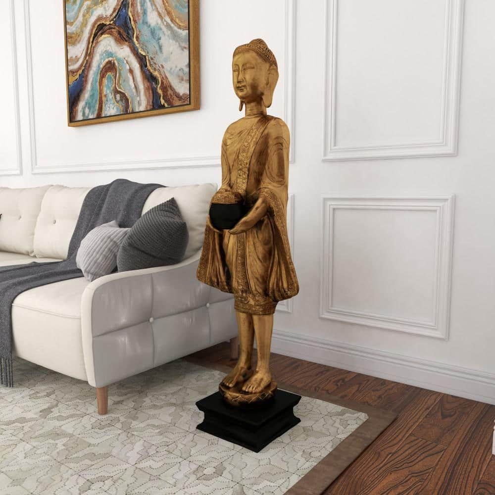 16" x 54" Gold Resin Meditating Buddha Sculpture with Engraved Carvings and Relief Detailing, by DecMode