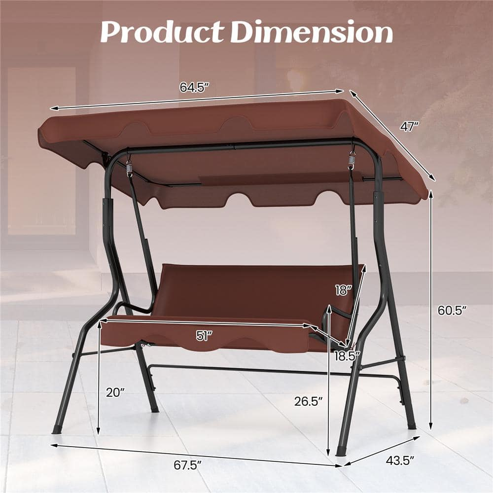 Tangkula 3 Person Porch Swing, Patio Swing with Removable Cushion & Powder-Coated Steel Frame, Outdoor Swing with Canopy for Porch, Backyard, Garden, Balcony (Coffee)