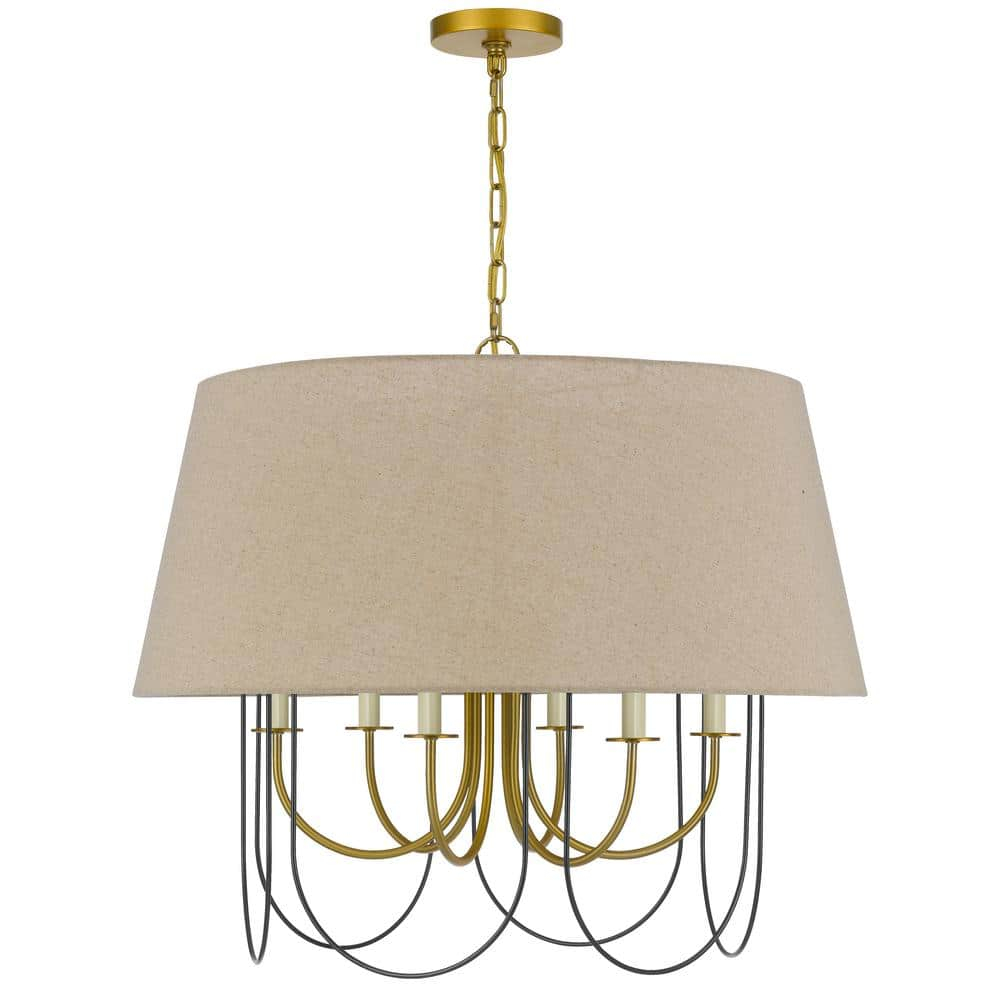 Eupora 6-Light Antique Brass Metal Circle Chandelier with Burlap Shade