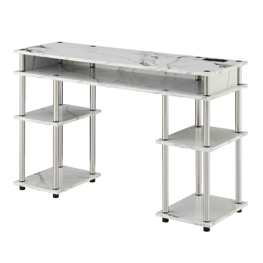 Adult, Designs2Go No Tools 30 in. Tall Student Desk w/ Charging Station & Shelves, White Faux Marble