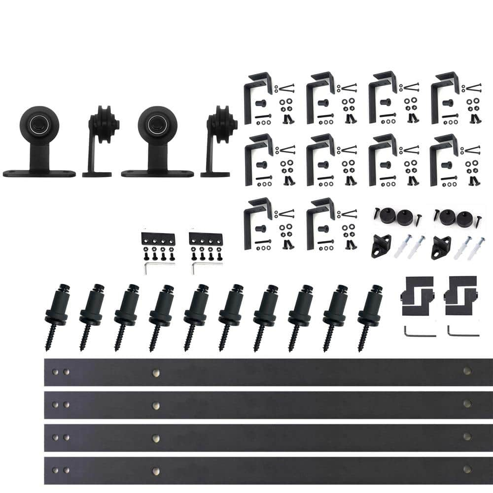Homacer Black Rustic Double Track U-Shape Bypass Sliding Barn Door Hardware Kit, for Two/Double Doors, 12ft Long Flat Track, T-Shape Design Roller, Heavy Duty, for Interior & Exterior Use