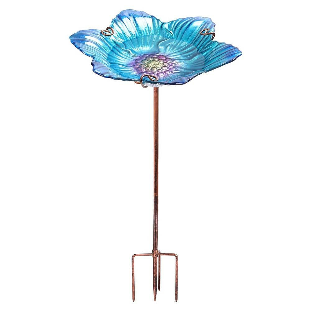 Outdoor Bird Bath Glass Birdbath Garden Birdfeeder with Metal Stake Blue(Height:26inch)