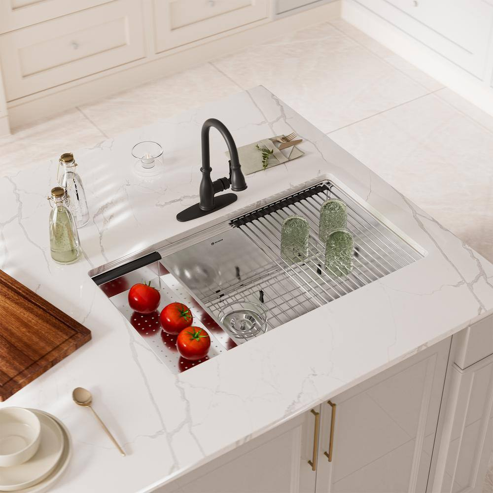 32 in. Undermount Single Bowl 18-Gauge Stainless Steel Kitchen Sink with Cutting Board, Rolling Drying Rack and Colander