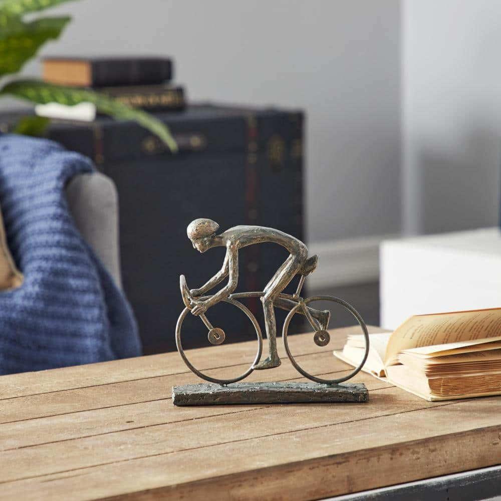 9" x 8" Bronze Polystone People Sculpture with Bike, by DecMode