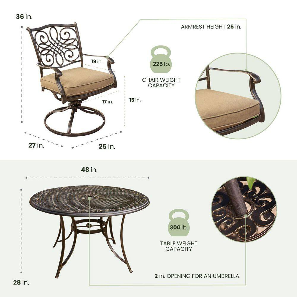 Hanover Traditions 5 Pcs Aluminum Outdoor Dining Set Seats 4 with Umbrella, Tan