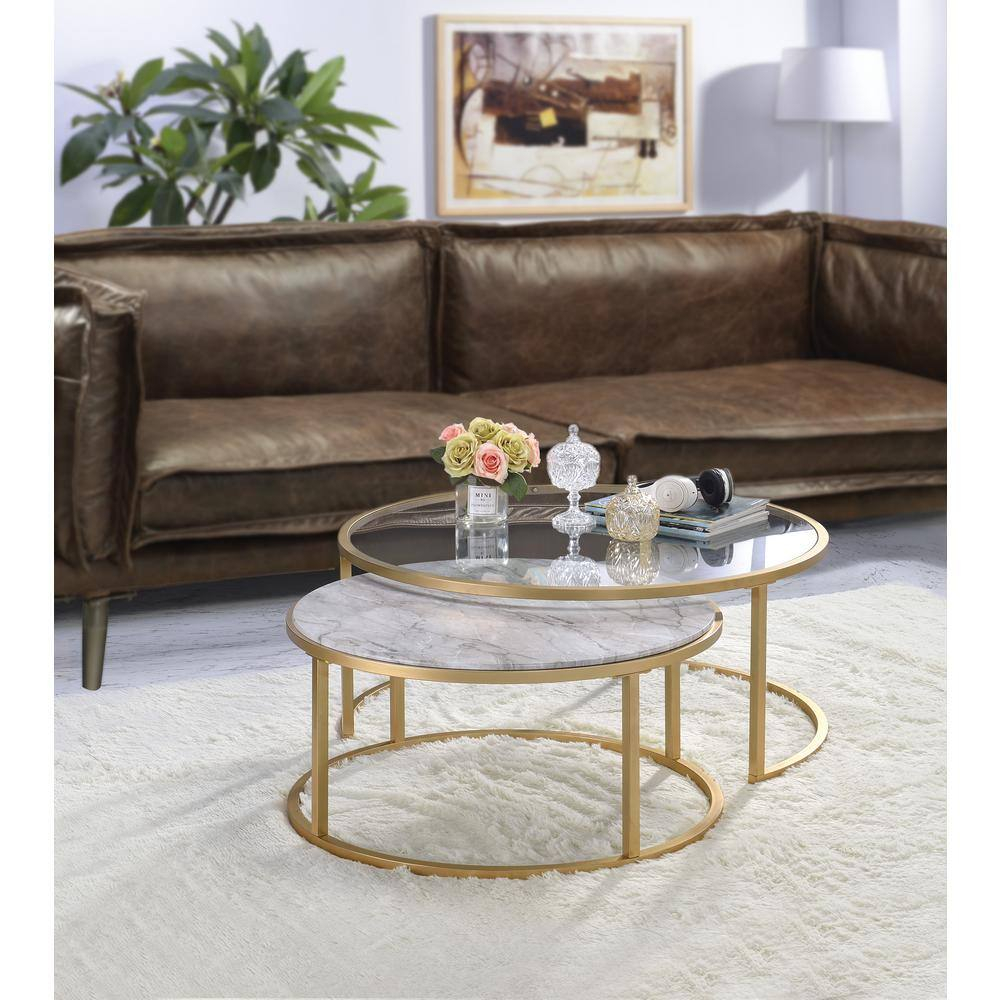 Metal Framed Nesting Coffee Tables with Glass and Marble Tops Set of Two Gold - Saltoro Sherpi