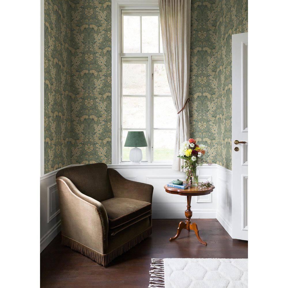Ojvind Blue Sea Green Floral Ogee Paper Matte Non-Pasted Wallpaper Roll