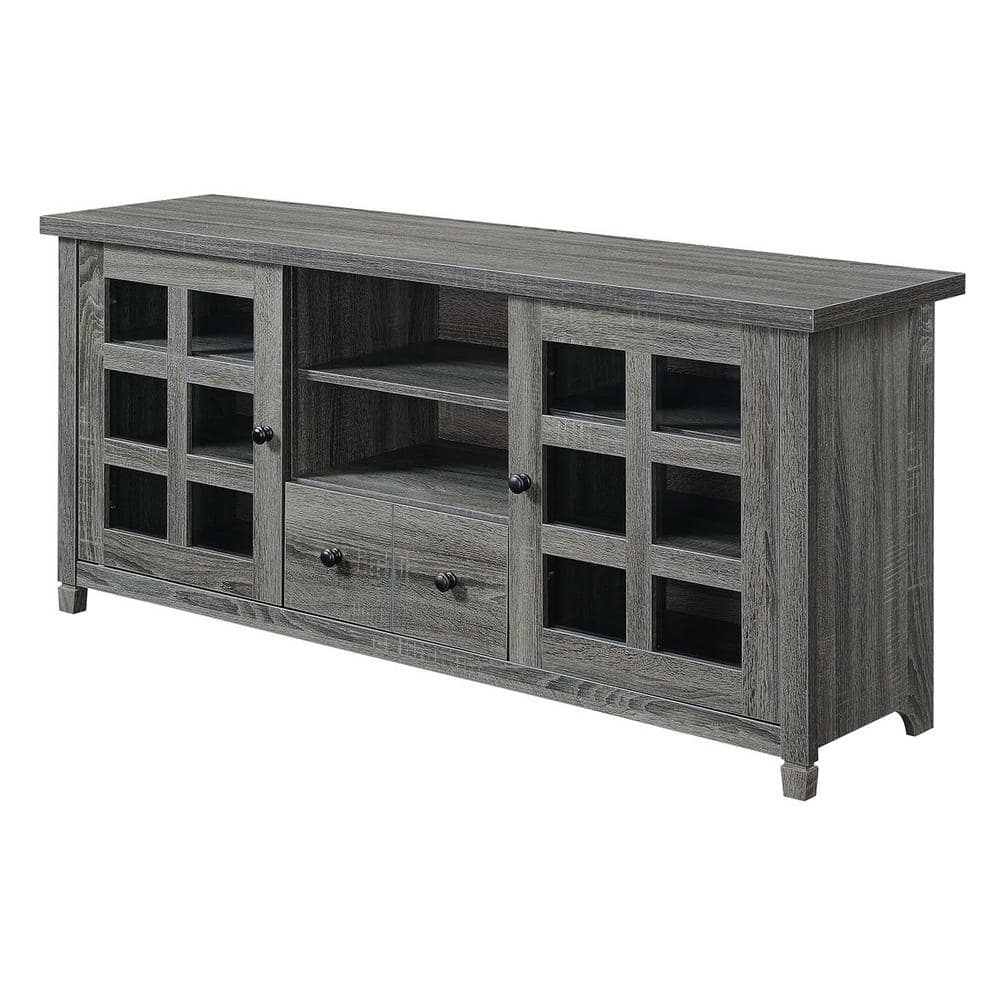 Convenience Concepts Newport Park Lane 1 Drawer TV Stand with Storage Cabinets and Shelves for TVs up to 65 Inches, Weathered Gray