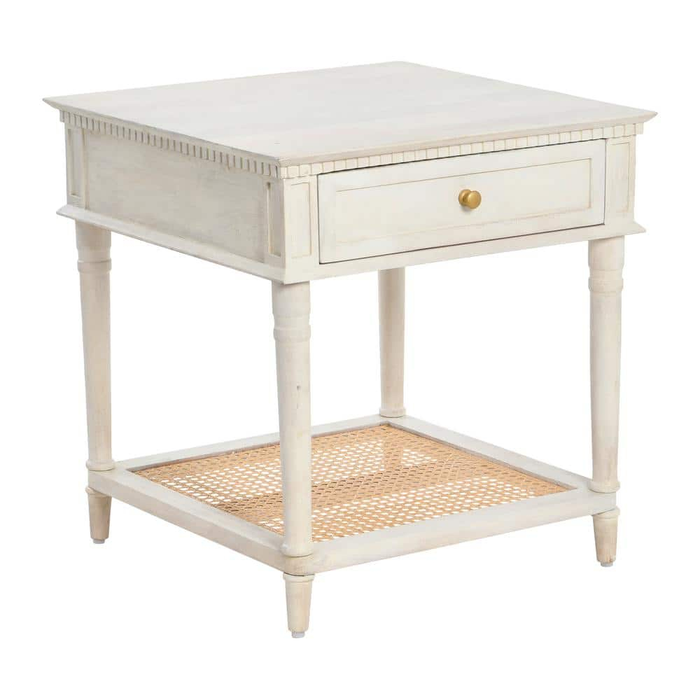 Creative Co-Op Maxwelton Solid Wood End Table with Drawer and Woven Cane Storage Shelf, Distressed White and Natural