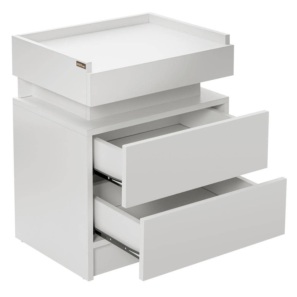 Hommpa High Gloss Tall 2 Drawer Nightstand LED Bedside Table Cabinet Bedroom Furniture White