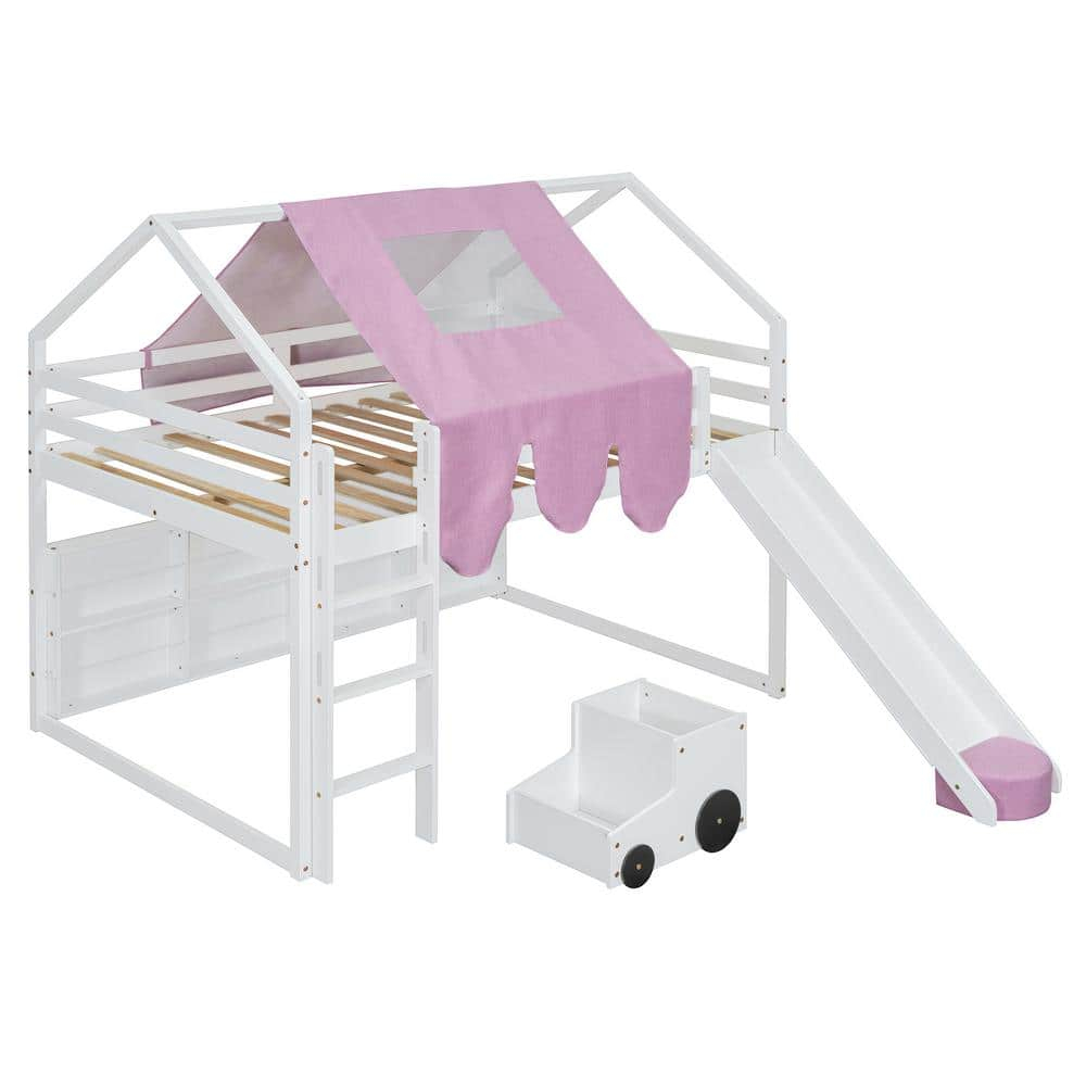 Kumix Full Size Loft Bed with Slide and Tent, House Loft Bed with Car-Shaped Storage and 2 Tier Shelves, Wood Loft Bed with Safety Guardrail & Ladder for Kids Teens Boys Girls, Noise-Free, Pink