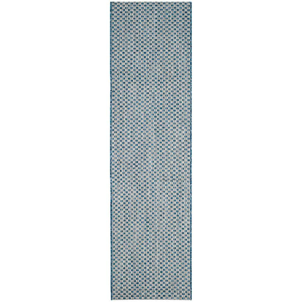 SAFAVIEH Courtyard Blair Geometric Indoor/Outdoor Runner, 2'3" x 14', Blue/Light Grey