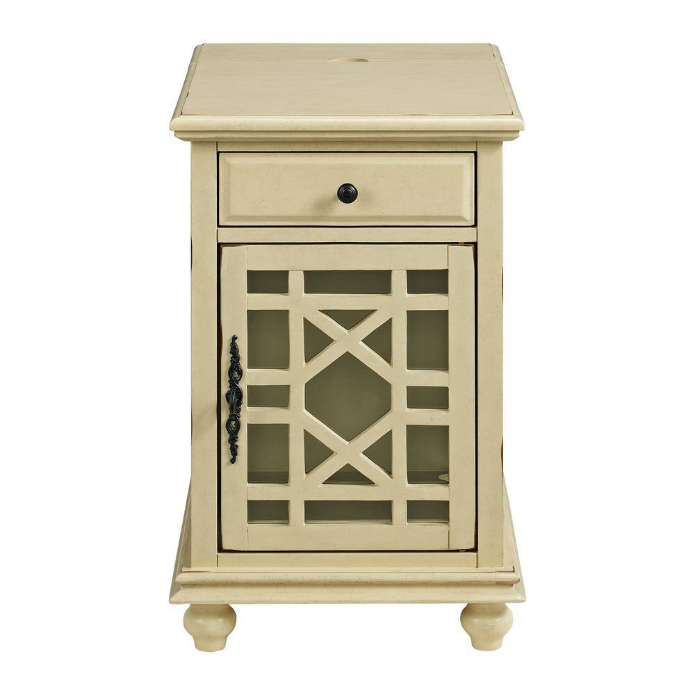 Chairside Table with 1 Drawer and 1 Trellis Door, Antique White- Saltoro Sherpi
