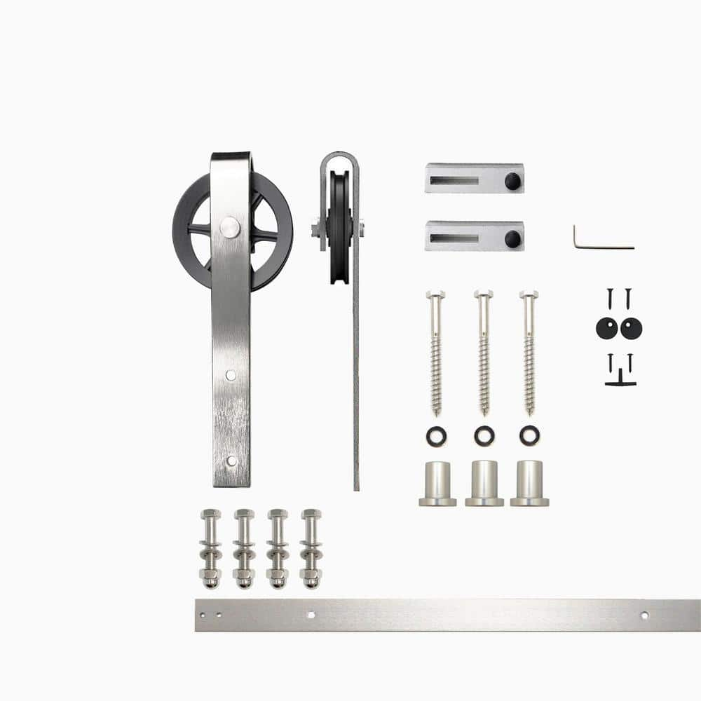 Homacer Brushed Nickel Sliding Barn Door Hardware Kit, for One/Single Door, 4ft Long Flat Track, Spoke Wheel Design Roller, Heavy Duty, for Interior & Exterior Use