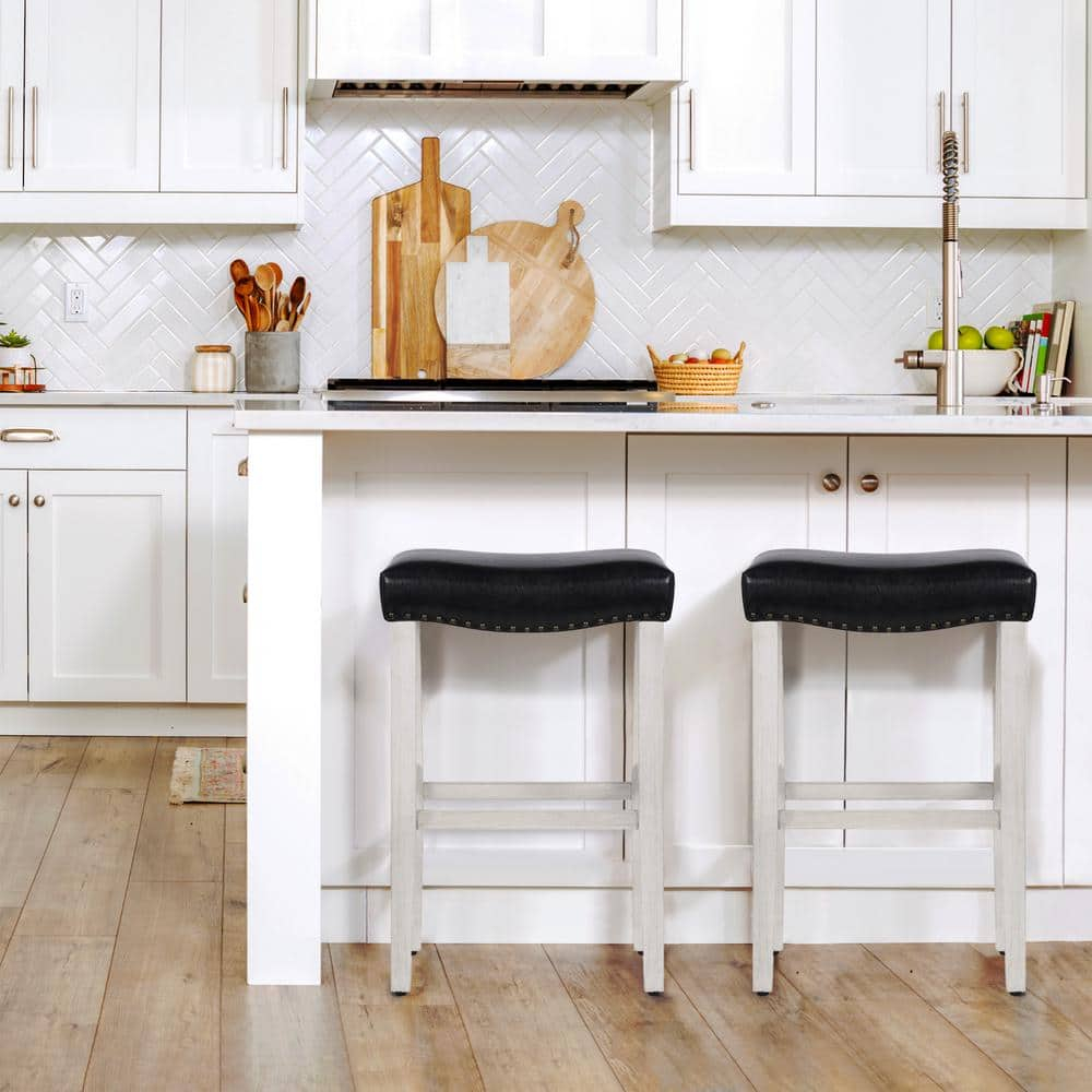 Polytrends Jameson Upholstered Polyester 29" Bar Stool with White Legs - (Set of 2) Antique White/Black