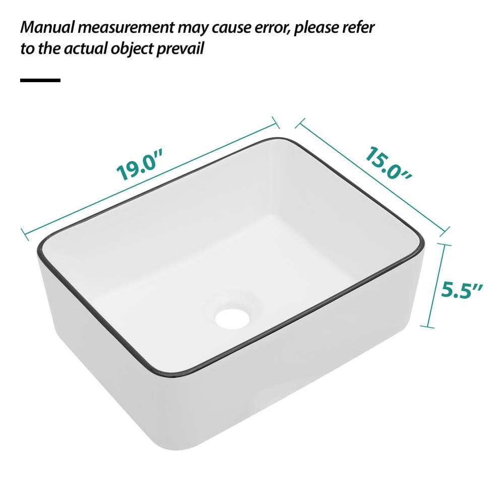 19 x 15 White Ceramic Rectangular Vessel Bathroom Sink