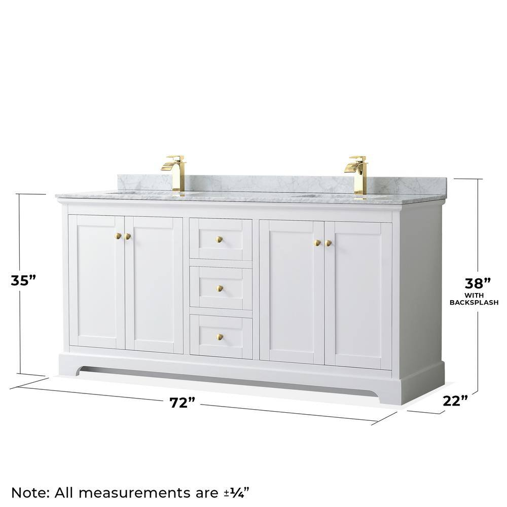 Avery 72" White Double Vanity with Carrara Marble and Brushed Gold Trim