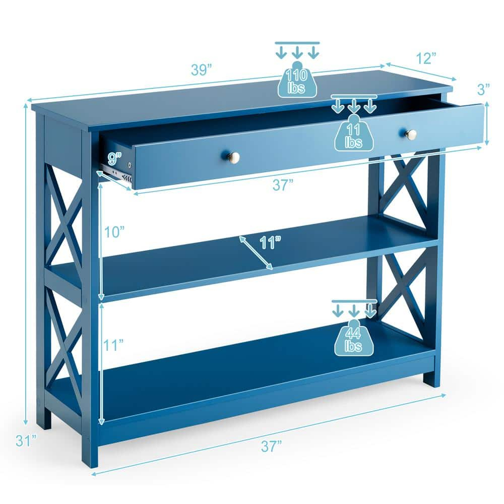 Costway 3-Tier Console Table X-Design Sofa Entryway Table with Drawer & Shelves Blue
