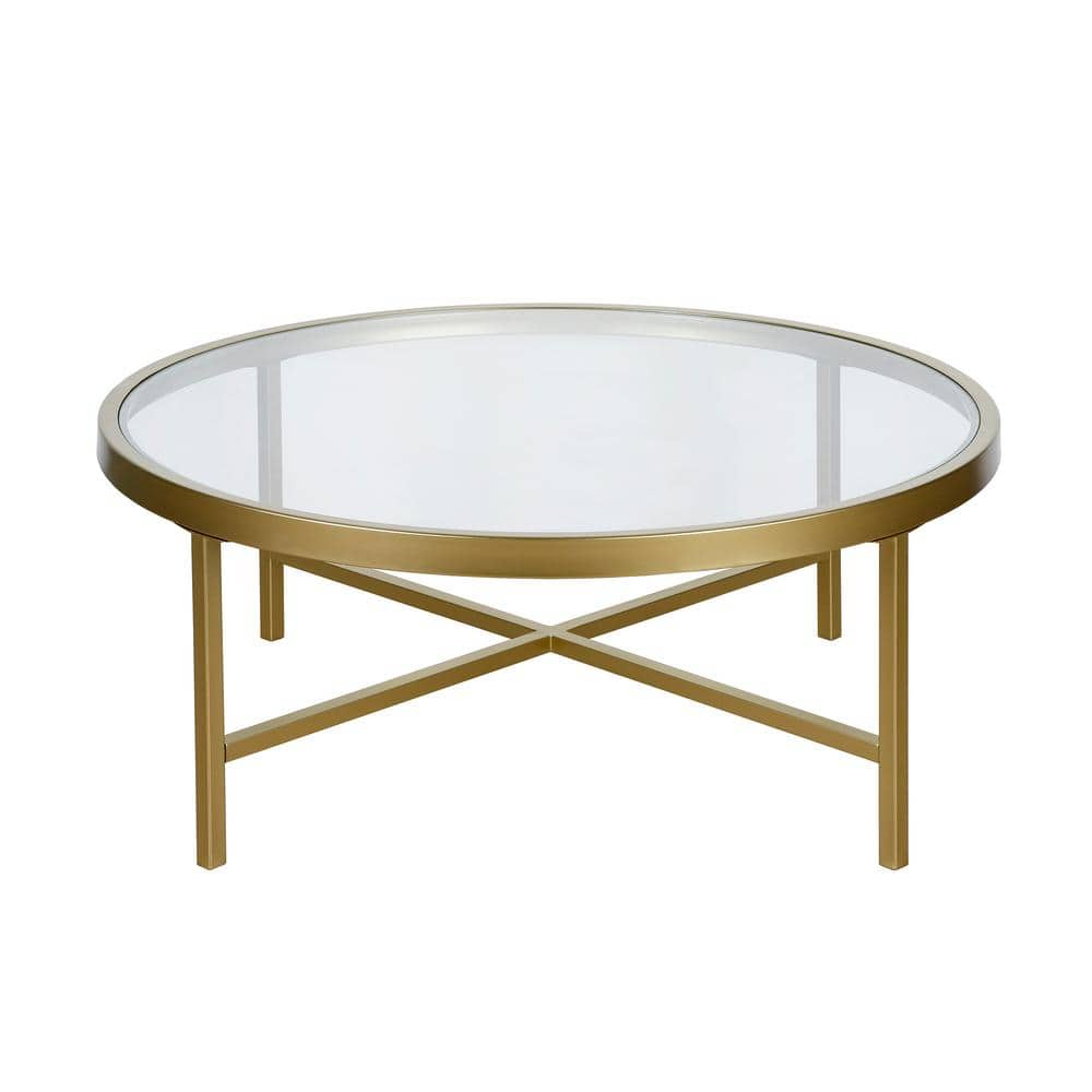 Evelyn&Zoe Round Metal Base Coffee Table in Brass and Gold