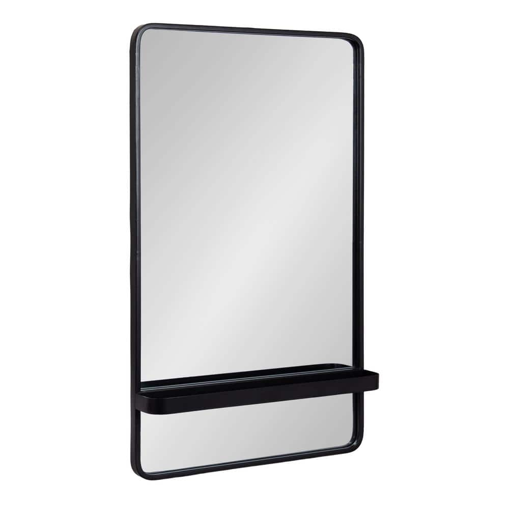 Kate and Laurel Estero Modern Metal Rectangle Mirror with Rounded Shelf, 20 x 34, Black, Decorative Contemporary Rounded Rectangle Shelf Mirror for Living Room or Bedroom Storage and Display