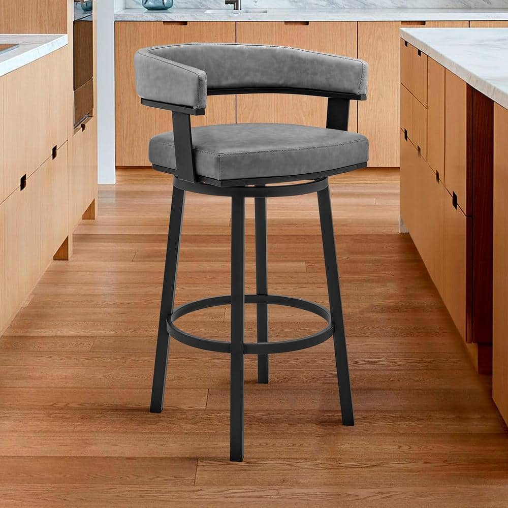 Armen Living Cohen30" Bar Height Swivel Bar Stool in Black Finish and Gray Faux Leather