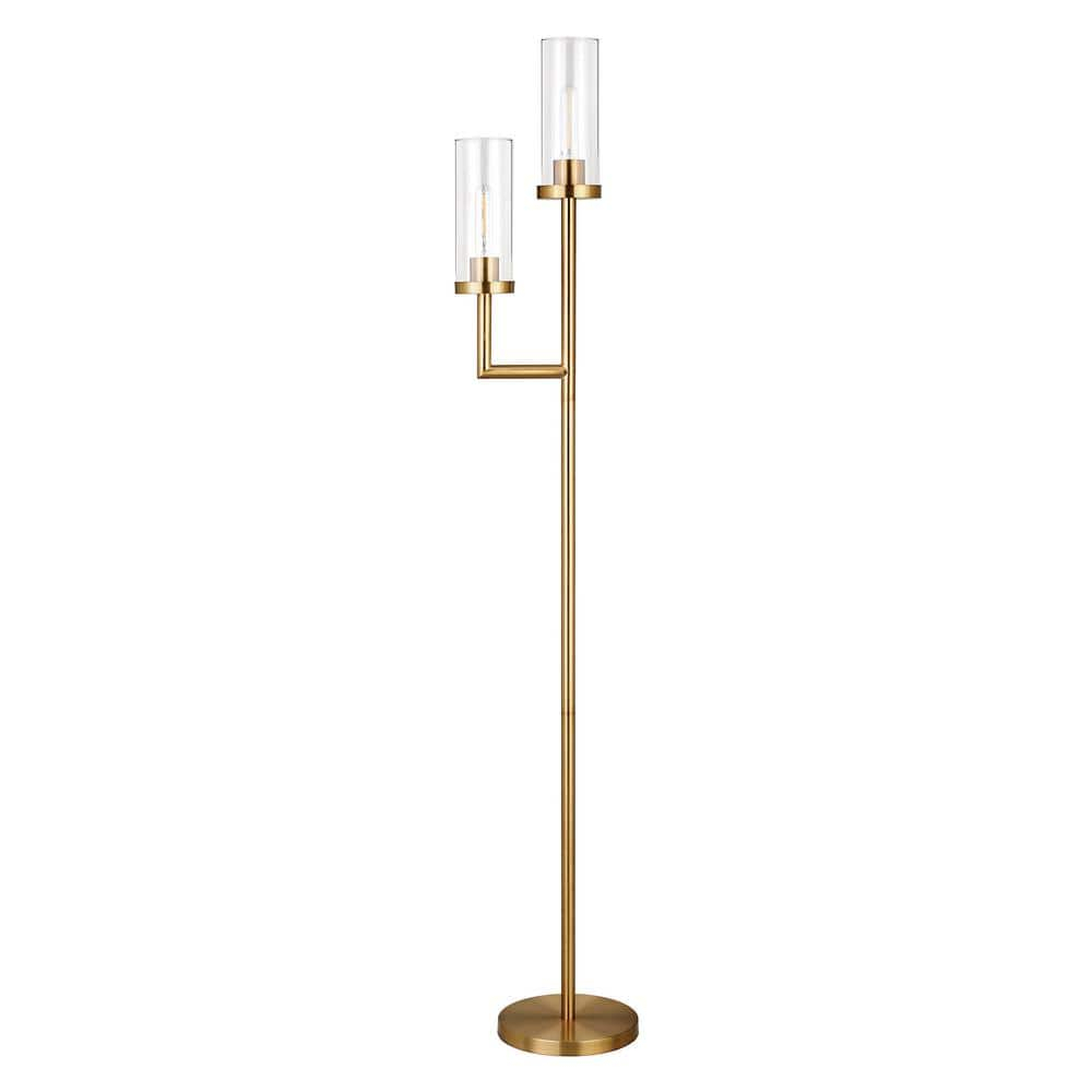 Evelyn&Zoe Basso 2-Light Torchiere Floor Lamp with Glass shade in Brass/Clear