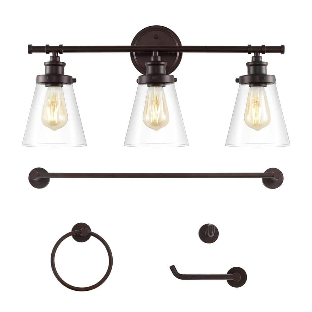 Hollis 23.75" 3-Light Traditional Farmhouse Vanity Light with Bathroom Hardware Accessory Set, Oil Rubbed Bronze (5-Piece)