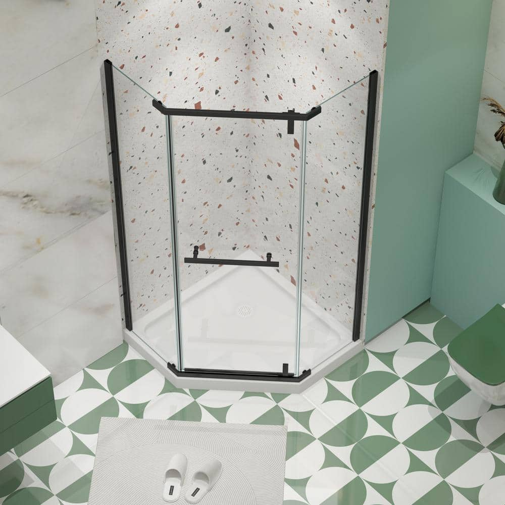 34.75" Wx72 H Neo-Angle Frameless Shower Door,Corner Shower Enclosure 304 Stainless Steel Handle,Pivot Shower Door with 1/4 in(6mm) Thick Tempered Clear Glass（Shower Base Not Included Black
