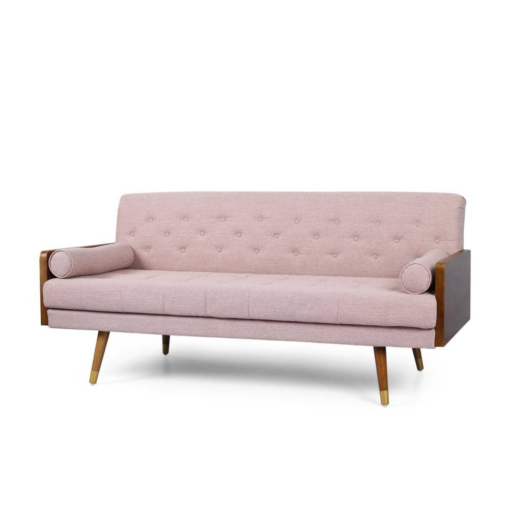 Noble House Nathanial Tufted Fabric Sofa, Light Blush and Dark Walnut