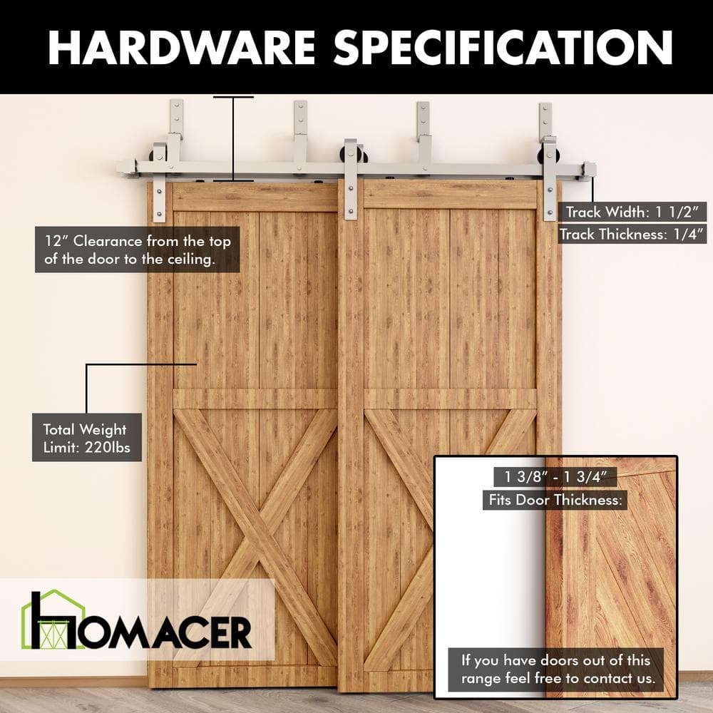 Homacer Brushed Nickel Double Track Z-Shape Bypass Sliding Barn Door Hardware Kit, for Two/Double Doors, 4ft Long Flat Track, Classic Design Roller, Heavy Duty, for Interior Use