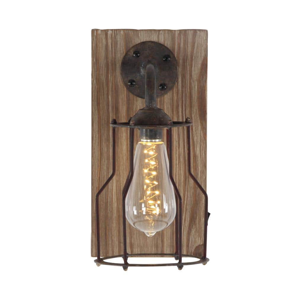 DecMode Industrial Metal Wall Sconce with Wood Backplate and Iron Cage, 6"W x 11"H Features Rustic Brown Finish