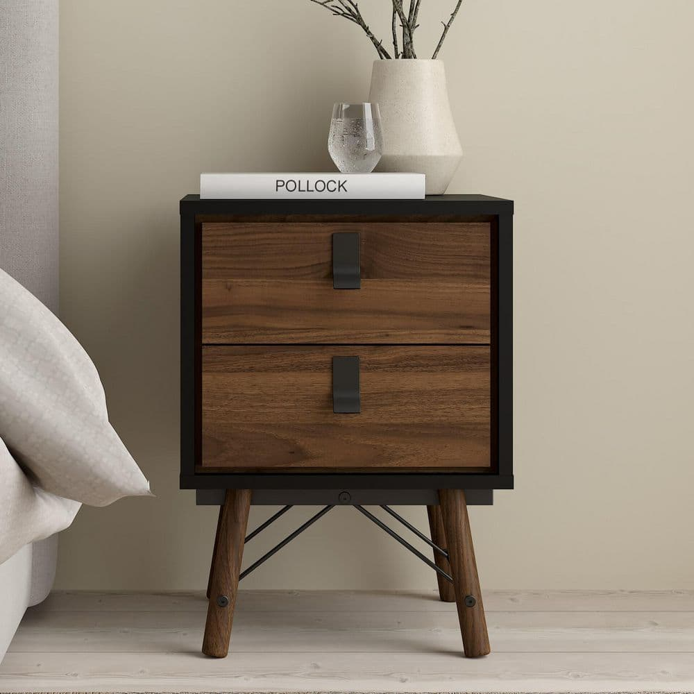 Tvilum Ry 2 Drawer Bedroom Nightstand for Adults, Black Matte/Walnut