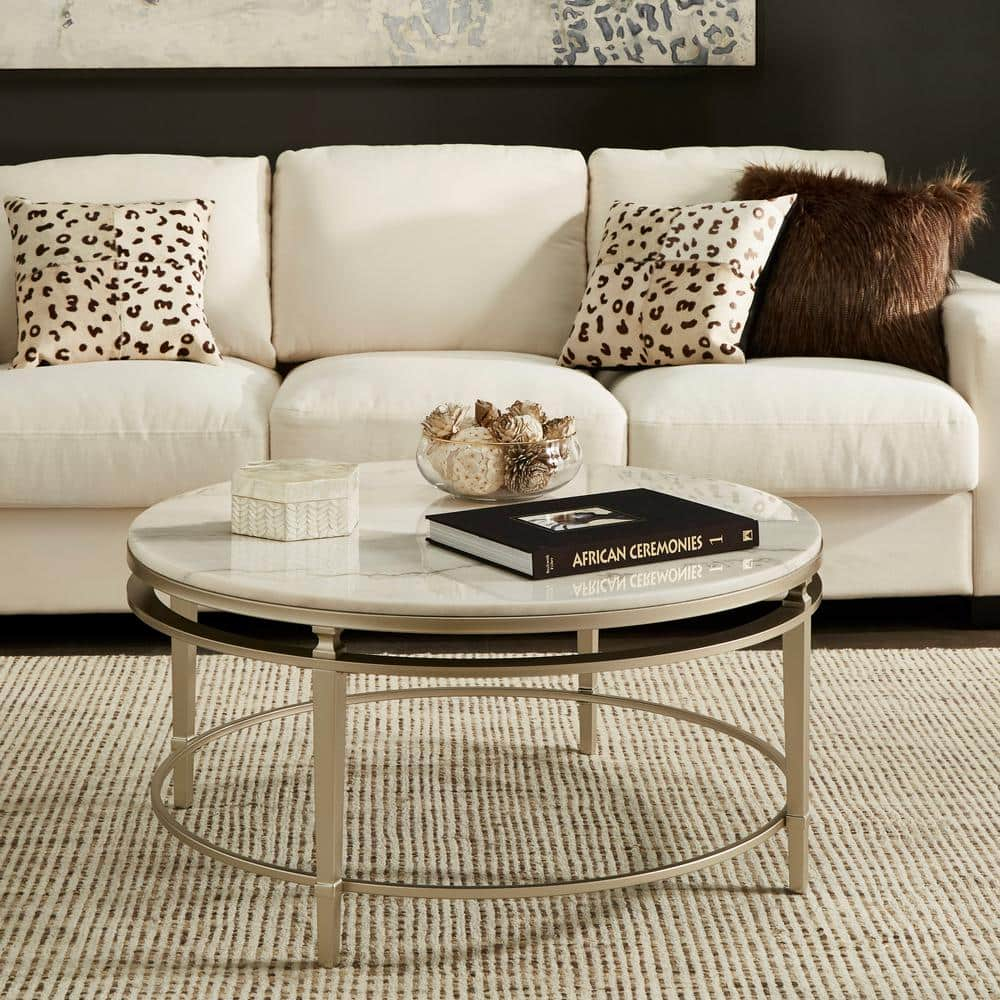 Weston Home Timo Champagne Silver Finish Round Marble Top Coffee Table