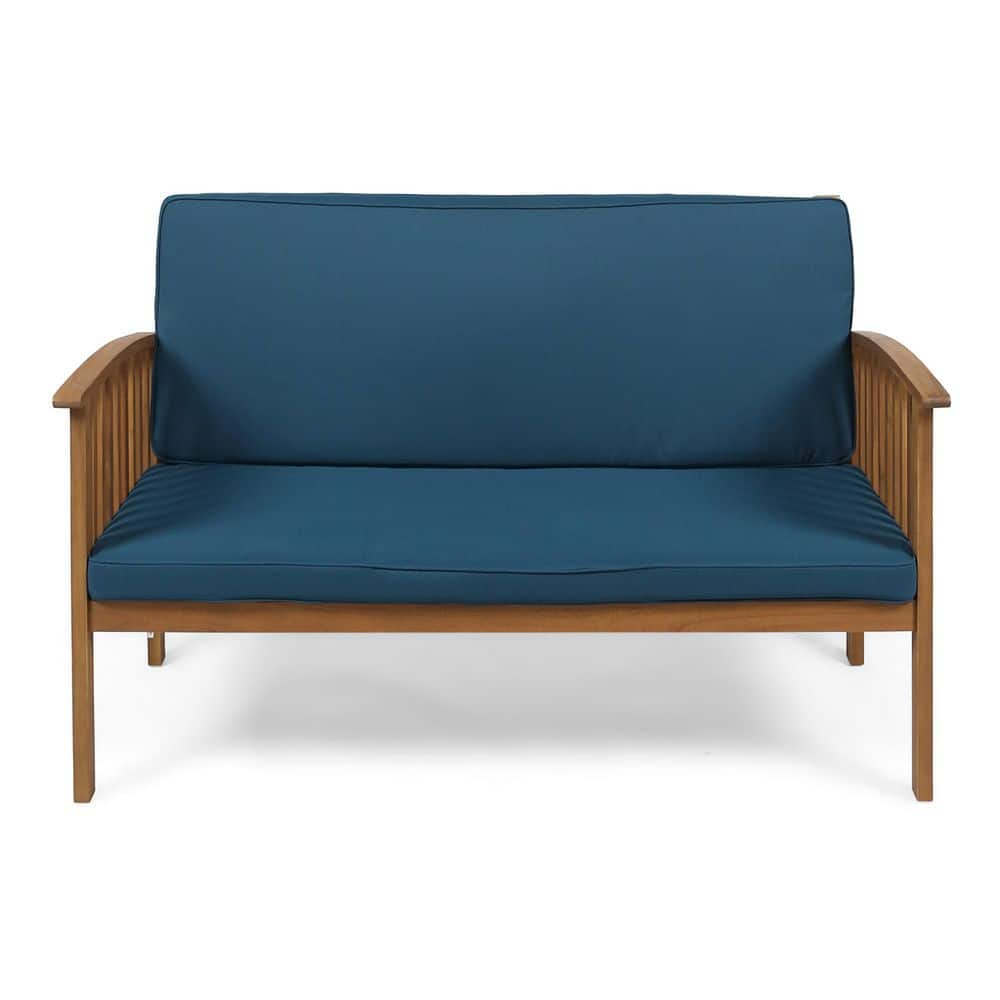 GDF Studio Oliver Outdoor Acacia Wood Loveseat, Brown and Dark Teal