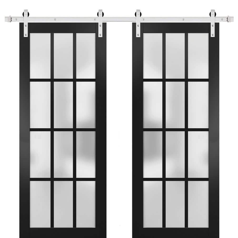 Sturdy Double Barn Door with Frosted Glass 12 Lites | Felicia 3312 Matte Black | 13FT Rail Hangers Heavy Set | Solid Panel Interior Doors-36" x 84" (2* 18x84)-Silver Rail