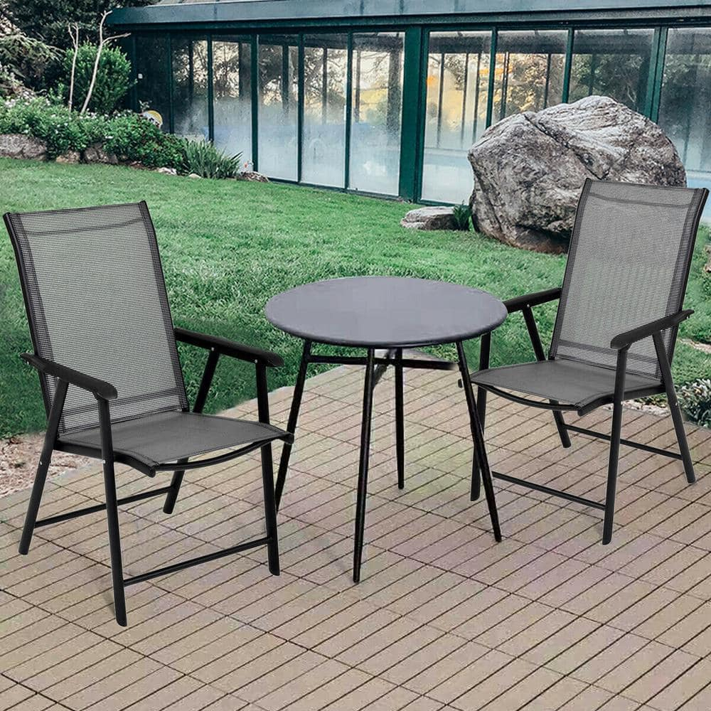 Gray and Black Steel Folding Patio Dining Chairs with Armrests, Set of 2