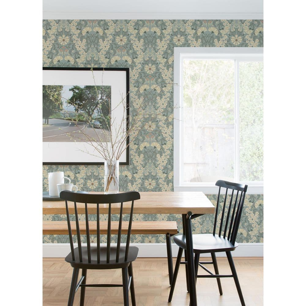 Light Blue and Beige Damask Floral Wallpaper Roll