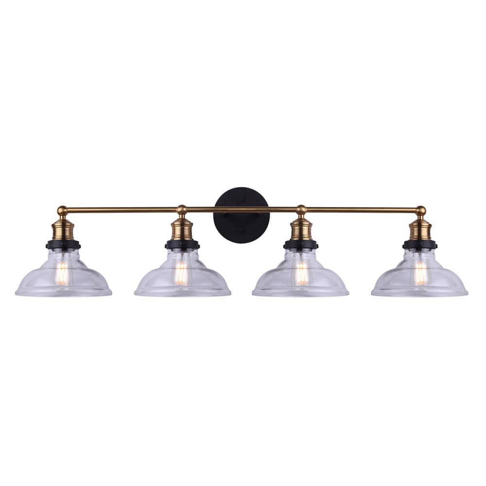LORA Modern Farmhouse Vanity Light – 4-Light Industrial Bathroom Fixture, Matte Black & Gold Finish, Clear Glass Shades, 100W Type A, 38.5" Wide Over Mirror Wall Sconce