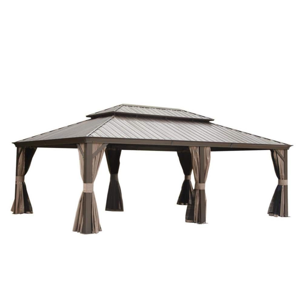 24 ft x 14 ft Brown Metal Hardtop Patio Gazebo